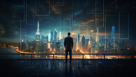 Back view of young businessman looking at night cityscape and digital interfaceの素材