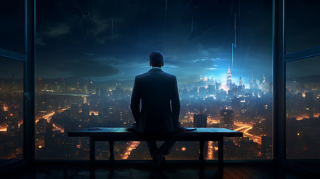 Businessman looking at night city and skyscrapers. Mixed mediaの素材