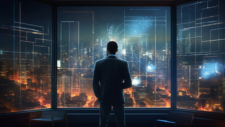 Businessman looking at night city from window of office building. Mixed mediaの素材