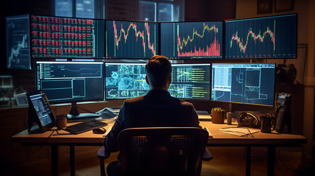 Rear view of young businessman sitting at desk in office and looking at monitor with stock market graph.の素材