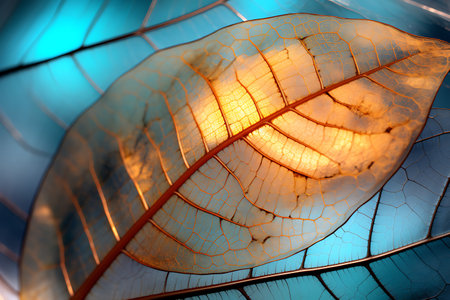 Macro close up of the veins of a leaf with light insideの素材