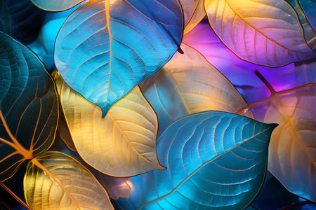 abstract background with a lot of yellow and blue leaves in neon lightの素材