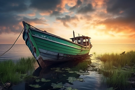 Fishing boat on the lake at sunset. Beautiful nature background.の素材