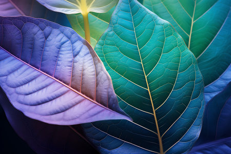 Colorful leaves of banyan tree close-up, tonedの素材