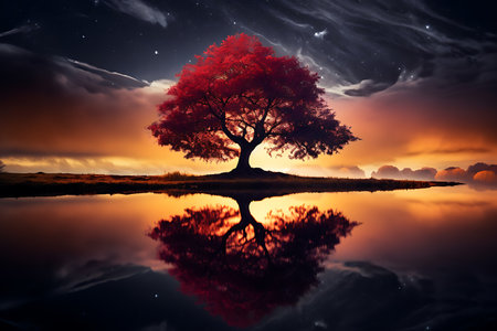 Tree in the sky reflected in the water. 3D Renderingの素材