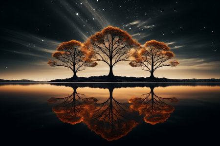 Fantasy landscape with silhouettes of trees reflected in the water.の素材