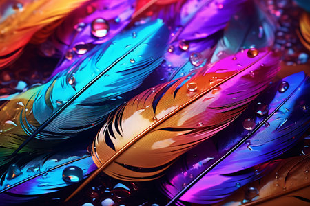 Colorful bird feathers with water drops close-up. Abstract background.の素材