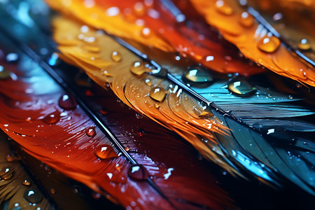 Beautiful color feathers with water drops close-up. Macro photographyの素材