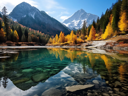 Landscape view of autumnal alpine lake with reflection in waterの素材