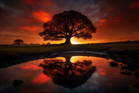 Sunset over a tree reflected in a puddle on a farmの素材
