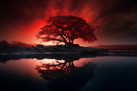 Lonely tree in the lake at sunset. 3d renderingの素材