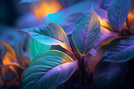 Foliage of a tropical plant in neon light. Toned.の素材