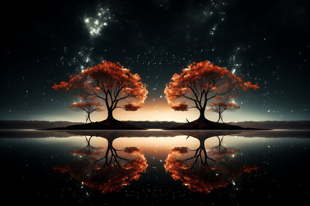 Beautiful fantasy landscape with trees and starry sky.の素材