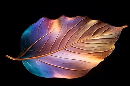 Colorful leaf on a black background. Close-up. Studio photography.の素材