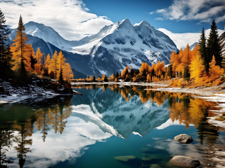 Mountain lake in autumn. Snowy peaks of the Caucasus Mountains.の素材