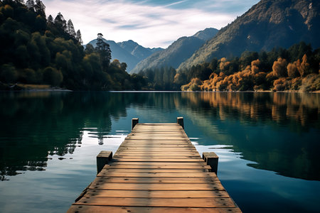 Wooden jetty on the lake in autumn. Beautiful mountain landscape.の素材