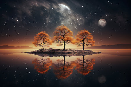 Night landscape with lake, moon and autumn trees. 3d renderの素材