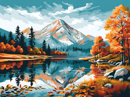 Autumn landscape with lake, mountains and forest. Vector illustration.の素材