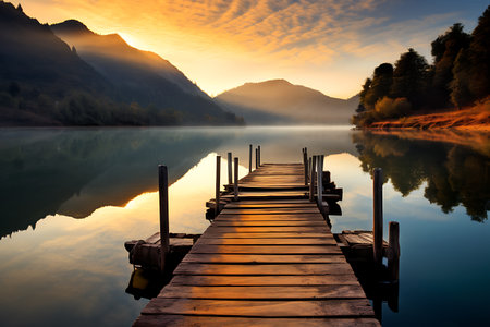 Wooden jetty on a lake at sunrise. Switzerland, Europeの素材