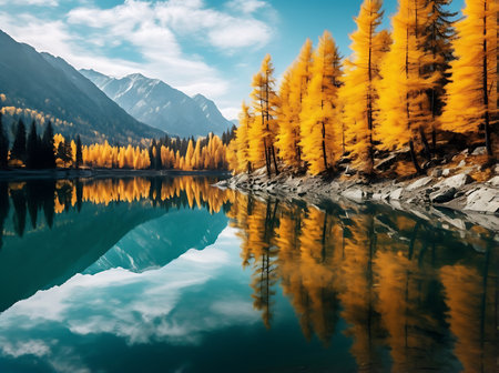 Beautiful autumn landscape with lake and yellow larch trees reflected in waterの素材