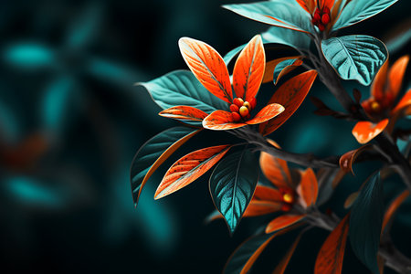 3d render of a beautiful plant with orange leaves and red flowersの素材