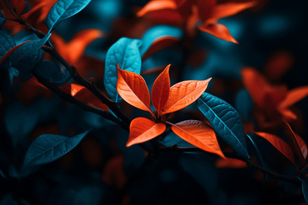 Close up of beautiful red and blue leaves. Nature background. Selective focus.の素材