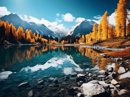 Mountain lake with snow and golden larches in autumn, Switzerlandの素材