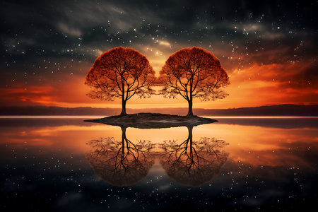 Conceptual image of heart shape made of tree silhouettes against beautiful sunsetの素材