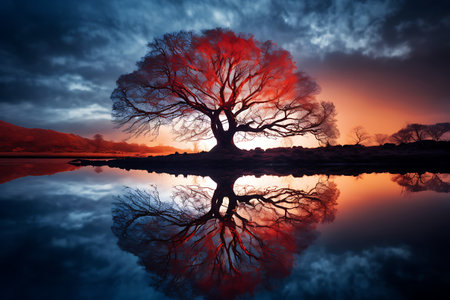 Beautiful sunset over lake with tree silhouette and reflection in water.の素材