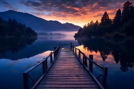 Wooden jetty on a lake at sunrise, New Zealand.の素材