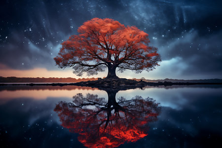 Fantasy landscape with an old tree reflected in the water at nightの素材