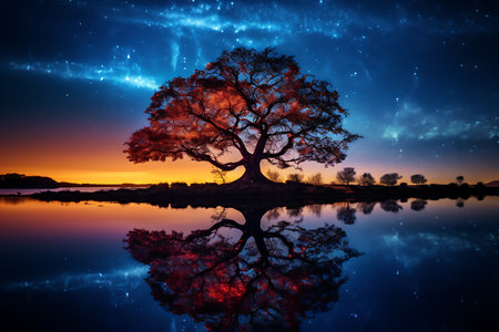 Beautiful landscape with a big tree reflected in the water at nightの素材