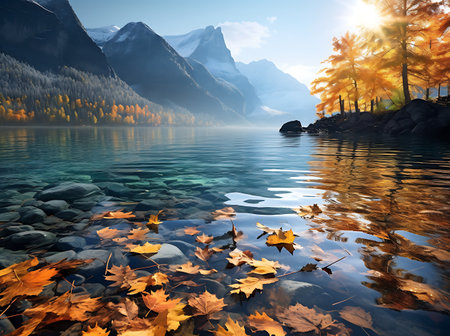 Beautiful autumn landscape with lake and mountains in the background, Switzerlandの素材