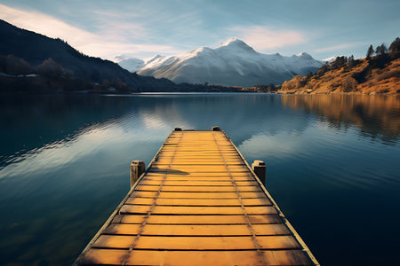 Wooden jetty on the lake at sunrise, Alps, Switzerlandの素材