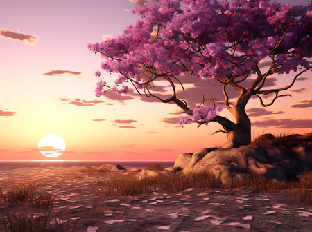 Beautiful sunset over the lake with pink flowers. 3d renderの素材