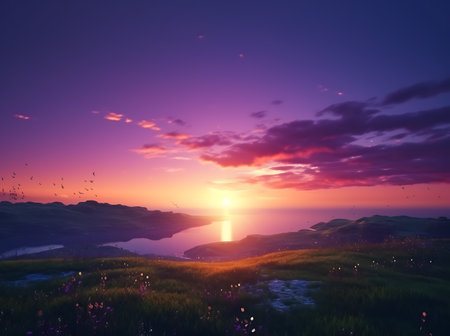 Beautiful sunset in the mountains. Nature composition. 3d renderの素材