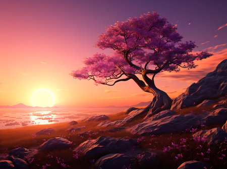 Fantasy landscape with a lonely tree and pink flowers against the sunsetの素材