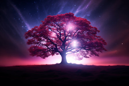 Fantasy landscape with big old tree and starry sky. 3D renderingの素材