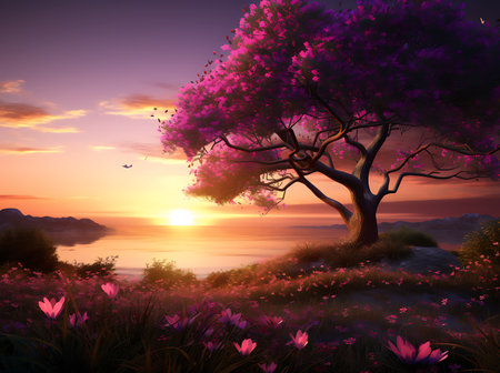 Beautiful spring landscape with blooming flowers and a tree at sunsetの素材