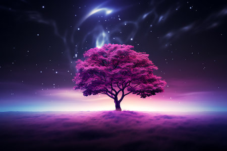 Fantasy landscape with tree and night sky. 3D Renderingの素材