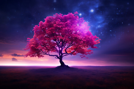 Fantasy landscape with lonely tree in misty meadow at nightの素材