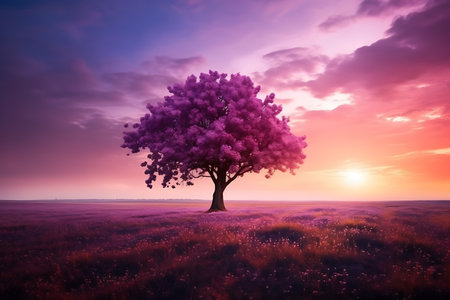 Lonely tree in the field at sunset. Beautiful landscape.の素材