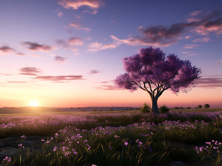 Lonely tree in the meadow at sunset. 3d renderの素材