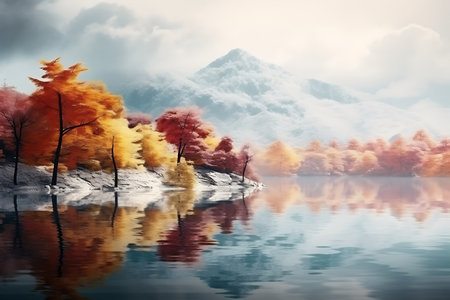 Autumn landscape with colorful forest and lake. 3d render illustrationの素材