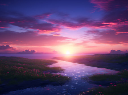 Beautiful seascape. Sunrise over the sea. 3d renderの素材