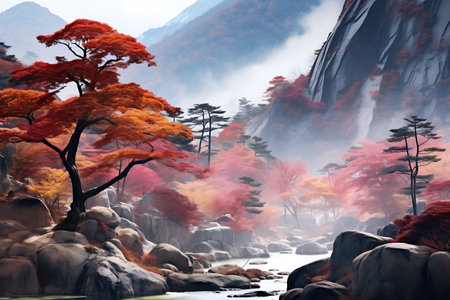 Beautiful autumn landscape with mountain river and pine trees. 3D renderingの素材