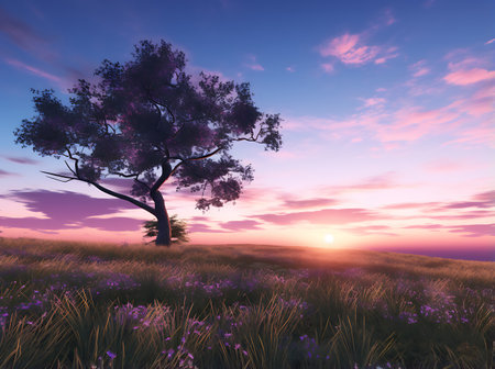 3D render of a tree on a meadow at sunset.の素材