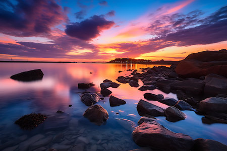 Beautiful sunset over the sea. Colorful sky and rocks.の素材