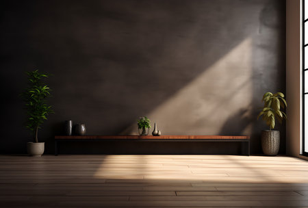 Interior of modern living room with brown wall and wooden floor. 3d renderingの素材