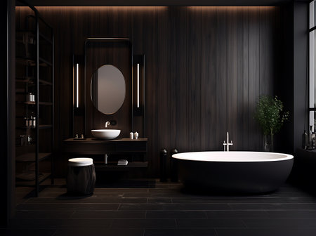 Dark bathroom interior with black and wooden walls, tiled floor, comfortable bathtub and round mirror. 3d renderingの素材